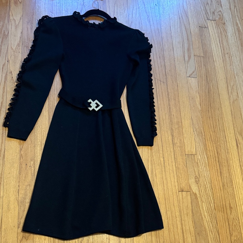 St. John Black Long Sleeve Dress with Ruffle Accents